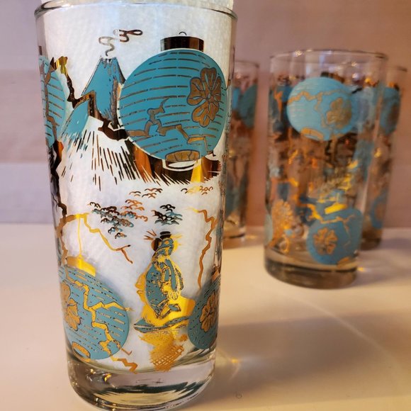 Set of 4 Vtg Dominion MCM Highball Tumbler Asian Turquoise Gold Drinking Glasses - Picture 4 of 15